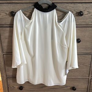MSK White Cold Shoulder Blouse with Black Beaded Neckline